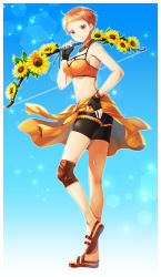 Rule 34 | 1girl, absurdres, bike shorts, bikini, bikini top only, black gloves, black shorts, blue background, blue shorts, border, bow (weapon), breasts, brown eyes, brown hair, cleavage, feet, female focus, fingerless gloves, fire emblem, fire emblem: three houses, flower, from side, gloves, gradient background, grin, hand on own hip, highres, holding, holding bow (weapon), holding weapon, large breasts, leonie pinelli, looking at viewer, matching hair/eyes, nintendo, official alternate costume, orange bikini, sandals, shiny skin, short hair, short shorts, shorts, shorts under shorts, smile, solo, standing, standing on one leg, sunflower, swimsuit, weapon, white border, yellow flower, yuino (fancy party)