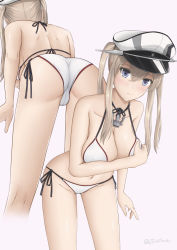 Rule 34 | 1girl, anchor choker, arm across chest, ass, bent over, bikini, blonde hair, blue eyes, breasts, cameltoe, cleavage, covering privates, covering breasts, female focus, graf zeppelin (kancolle), hair between eyes, halterneck, hat, highres, kantai collection, large breasts, long hair, looking at viewer, multiple views, peaked cap, side-tie bikini bottom, string bikini, swimsuit, twintails, white background, white bikini, white headwear, zuikillme