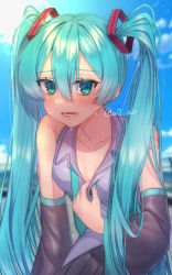 Rule 34 | 1girl, blue sky, breasts, cleavage, collar tug, collarbone, collared shirt, day, detached sleeves, green eyes, green hair, hair between eyes, hatsune miku, hot, leaning forward, looking at viewer, loose necktie, necktie, open mouth, outdoors, shirt, signature, sky, small breasts, sweat, twintails, upper body, vocaloid, w2 uo