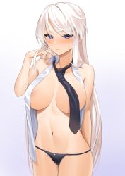 Rule 34 | 1girl, absurdres, areola slip, azur lane, bare arms, bare shoulders, black panties, blue eyes, blush, breasts, closed mouth, collared shirt, enterprise (azur lane), gradient background, highres, large breasts, long hair, looking at viewer, lordol, navel, necktie, no bra, open clothes, panties, shirt, short sleeves, simple background, sleeveless, solo, underwear, white shirt