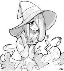 Rule 34 | 10s, 1girl, bent over, breasts, cleavage, downblouse, greyscale, hair over one eye, hands on own knees, hat, large breasts, leaning forward, little witch academia, long hair, monochrome, sho-n-d, simple background, smile, solo, sucy manbavaran, white background, witch, witch hat