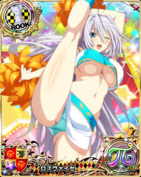 Rule 34 | 1girl, antenna hair, aqua bikini, aqua eyes, arm up, bikini, bikini under clothes, blush, breasts, card (medium), character name, cheerleader, chess piece, crop top, high school dxd, high school dxd pi, large breasts, leg up, long hair, looking at viewer, miniskirt, navel, official art, one eye closed, open mouth, pom pom (cheerleading), rook (chess), rossweisse, silver hair, skirt, smile, solo, swimsuit, thighs, trading card, underboob, very long hair