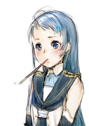 Rule 34 | 10s, 1girl, bare shoulders, blue eyes, blue gloves, blue hair, blush, branch (blackrabbits), elbow gloves, gloves, kantai collection, long hair, matching hair/eyes, mouth hold, personification, pocky, samidare (kancolle), school uniform, serafuku, sketch, solo, very long hair