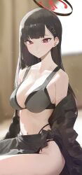 Rule 34 | 1girl, absurdres, black hair, black skirt, blue archive, blurry, blurry background, blush, bra, breasts, cleavage, closed mouth, collarbone, commentary, commentary request, grey bra, hair ornament, hairclip, halo, highres, kji (rozo), long hair, looking at viewer, medium breasts, navel, panties, red eyes, red halo, rio (blue archive), sitting, skirt, solo, thighs, tied skirt, underwear