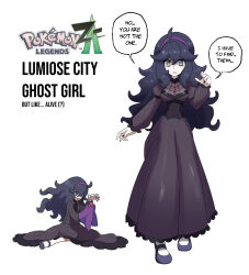 Rule 34 | 1girl, absurdres, creatures (company), dress, game freak, hex maniac (pokemon), highres, nintendo, pokemon, pokemon legends: z-a, pokemon xy, purple dress, purple eyes, purple hair, rhymewithray, simple background, white background