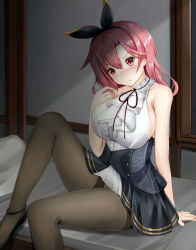 Rule 34 | 1girl, arm support, azur lane, bare arms, bare shoulders, black footwear, black hairband, black pantyhose, black prince (azur lane), black ribbon, black skirt, blush, breasts, closed mouth, commentary request, floral print, hair between eyes, hair ribbon, hairband, hand up, highres, knee up, large breasts, long hair, mctom, nose blush, on bed, pantyhose, pillow, red eyes, red hair, ribbon, shirt, shoes, sitting, skirt, sleeveless, sleeveless shirt, solo, thighband pantyhose, v-shaped eyebrows, white shirt