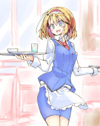 Rule 34 | 1girl, alice margatroid, alternate costume, apron, blonde hair, blue eyes, blue vest, blush, collared shirt, commentary request, cup, dondyuruma, drinking glass, frilled hairband, frills, hairband, holding, holding tray, lolita hairband, long sleeves, looking at viewer, medium hair, necktie, open mouth, plate, red hairband, red necktie, shirt, smile, solo, touhou, tray, vest, waist apron, waitress, white shirt