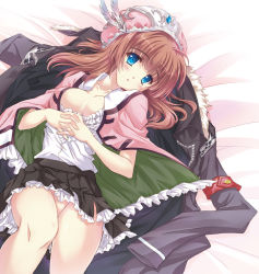 Rule 34 | 1girl, ankoromochi, atelier (series), atelier rorona, atelier totori, bad id, bad pixiv id, blue eyes, blush, breasts, brown hair, capelet, feathers, female focus, frills, hat, jacket, unworn jacket, long hair, lying, no bra, no panties, on back, own hands clasped, own hands together, pink capelet, rororina fryxell, skirt, solo