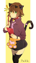 Rule 34 | 00s, 1girl, animal ears, apron, bad id, bad pixiv id, bell, brown hair, cat ears, cat tail, choker, green eyes, hairband, miniskirt, necktie, official alternate costume, ribbon, rita mordio, shiramine (srmn09), short hair, simple background, skirt, solo, tail, tales of (series), tales of vesperia, thighhighs, yellow background