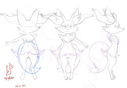 Rule 34 | 1girl, :3, animal ear fluff, animal ears, animal hands, animal nose, arm up, artist name, ass, back, body fur, braixen, closed mouth, collarbone, creatures (company), dated, eryz, female focus, flat chest, fox ears, fox girl, fox tail, from behind, from side, full body, furry, furry female, game freak, gen 6 pokemon, gluteal fold, groin, happy, highres, lineart, monochrome, multiple views, navel, nintendo, no pussy, outstretched arm, pigeon-toed, pokemon, pokemon (creature), profile, signature, simple background, sketch, smile, snout, standing, stomach, straight-on, tail, twitter username, white background, x-ray