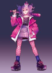 1girl baseball_bat blue_socks crown double_middle_finger fingerless_gloves fishnet_pantyhose fishnets full_body gloves highres hime_cut jacket middle_finger original pantyhose pink_jacket puppeteer7777 shirt short_twintails simple_background skirt socks solo twintails