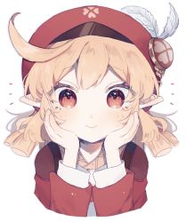 Rule 34 | 1girl, ahoge, blonde hair, child, clover print, dot nose, facing viewer, feathers, genshin impact, hands on own cheeks, hands on own face, hat, hat feather, highres, klee (genshin impact), light blush, long sleeves, looking at viewer, medium hair, pointy ears, red eyes, red hat, red shirt, shirt, short twintails, sidelocks, simple background, sippudayo, smile, solo, twintails, upper body, white background, white feathers