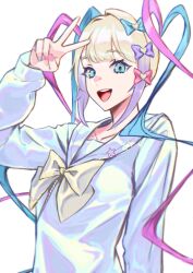 Rule 34 | 1girl, :d, akio 1976, blonde hair, blue bow, blue eyes, blue hair, blue nails, blue shirt, bow, chouzetsusaikawa tenshi-chan, commentary request, hair bow, hair ornament, hand up, heart, heart hair ornament, highres, holographic clothing, long hair, long sleeves, looking at viewer, multicolored hair, multicolored nails, multiple hair bows, nail polish, needy girl overdose, open mouth, pink bow, pink hair, pink nails, purple bow, quad tails, sailor collar, shirt, simple background, smile, solo, twintails, upper body, v, very long hair, white background, yellow bow