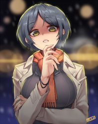 Rule 34 | 10s, 1girl, bracelet, breasts, earrings, female focus, grey hair, hayami kanade, idolmaster, idolmaster cinderella girls, jacket, jewelry, jjune, large breasts, looking at viewer, open clothes, open jacket, parted bangs, scarf, shaded face, shirt, short hair, solo, yellow eyes
