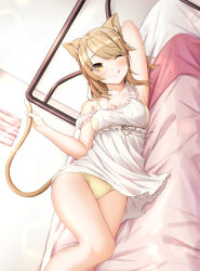Rule 34 | 1girl, ;p, absurdres, animal ears, babydoll, bed, blush, bra, breasts, cat ears, cat tail, head on hand, highres, isshiki iroha, lying, medium breasts, medium hair, on bed, on side, one eye closed, panties, sahara386, solo, tail, tongue, tongue out, underwear, white babydoll, yahari ore no seishun lovecome wa machigatteiru., yellow bra, yellow eyes, yellow panties