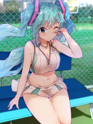 Rule 34 | 1girl, aqua eyes, aqua hair, arm support, arm tattoo, azur lane, bare legs, bare shoulders, bench, blurry, blurry background, blush, breasts, bremerton (azur lane), bremerton (azur lane) (cosplay), bremerton (scorching-hot training) (azur lane), chain-link fence, cleavage, closed mouth, collarbone, collared shirt, commentary request, cosplay, cowboy shot, crop top, fence, floating hair, green skirt, groin, hair between eyes, hair ornament, halkawa501, hand up, hatsune miku, heart, heart necklace, highres, jewelry, long hair, medium breasts, midriff, miniskirt, navel, necklace, number tattoo, one eye closed, partial commentary, shirt, sidelocks, sitting, skirt, sleeveless, sleeveless shirt, solo, sportswear, tattoo, tennis court, tennis uniform, twintails, two-tone shirt, two-tone skirt, very long hair, vocaloid, white shirt, white skirt