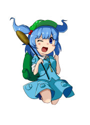 Rule 34 | 1girl, backpack, bag, blue eyes, blue hair, blush, cattail, chibi, female focus, hair bobbles, hair ornament, hat, highres, jumping, kawashiro nitori, key, matching hair/eyes, one eye closed, open mouth, peperoncirno, plant, pocket, skirt, sleeves rolled up, solo, touhou, twintails, two side up, wink