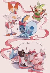 Rule 34 | alcremie, blue eyes, bow, commentary request, creatures (company), closed eyes, fang, game freak, gen 8 pokemon, grookey, happy, hatenna, heart, highres, holding, holding bow (ornament), holding stick, nintendo, no humans, open mouth, pink ribbon, pink skirt, pokemon, pokemon (creature), ribbon, scorbunny, skirt, sobble, standing, stick, tearing up, toes, tokeru, tongue, trembling, wooloo