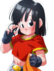 Rule 34 | 1girl, blouse, breasts, dragon ball, dragon ball gt, female focus, pan (dragon ball), red shirt, rom (20), shirt, simple background, white background