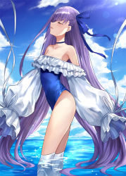 Rule 34 | 1girl, armor, asle, bare shoulders, blue ribbon, blue sky, blush, breasts, choker, closed eyes, collarbone, day, fate/grand order, fate (series), frills, greaves, hair ribbon, highleg, highleg swimsuit, long hair, long sleeves, meltryllis, meltryllis (fate), meltryllis (swimsuit lancer) (fate), meltryllis (swimsuit lancer) (second ascension) (fate), ocean, off-shoulder one-piece swimsuit, off shoulder, one-piece swimsuit, parted lips, profanity, prosthesis, prosthetic leg, puffy sleeves, purple hair, ribbon, sky, sleeves past fingers, sleeves past wrists, small breasts, solo, swimsuit, thighs, very long hair, wading, water, white ribbon