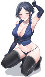 Rule 34 | 1girl, arm up, armpits, bare shoulders, black footwear, black panties, blue gloves, blush, boots, breasts, cleavage, crop top, cropped vest, earrings, elbow gloves, full body, gloves, halter shirt, halterneck, hayami kanade, highres, idolmaster, idolmaster cinderella girls, jewelry, kneeling, large breasts, looking at viewer, navel, necklace, panties, parted lips, short hair, shougun (chuckni1), simple background, sleeveless, smile, thigh boots, thighhighs, thighs, underwear, vest, white background, yellow eyes