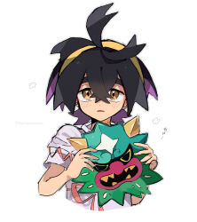 Rule 34 | 1boy, absurdres, ahoge, black hair, blush, brown eyes, colored inner hair, commentary request, creatures (company), crossed bangs, flower (symbol), game freak, hair between eyes, hairband, highres, holding, holding mask, kieran (pokemon), male focus, mask, mole, mole on neck, multicolored hair, nintendo, parted lips, piyomaru (hachiyonnxxxx), pokemon, pokemon sv, shirt, short sleeves, solo, upper body, watermark, white background, yellow hairband