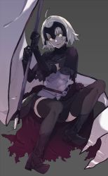 Rule 34 | 1girl, ahoge, armor, black thighhighs, breastplate, capelet, constricted pupils, fate/apocrypha, fate/grand order, fate (series), flag, full body, gauntlets, greaves, hayami ritsu, jeanne d&#039;arc (fate), jeanne d&#039;arc alter (avenger) (fate), jeanne d&#039;arc alter (fate), pale skin, planted, ruler (fate/grand order), silver hair, sitting, solo, thighhighs, weapon, yellow eyes