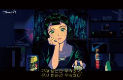 Rule 34 | black hair, black shirt, can, head rest, headphones, highres, looking at viewer, mouse (computer), original, shadow, shirt, signature, translation request, tree 13, upper body