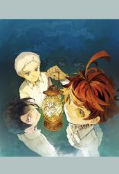 Rule 34 | 4boys, 5girls, ahoge, black eyes, black hair, blue eyes, carol (yakusoku no neverland), collared shirt, demizu posuka, don (yakusoku no neverland), emma (yakusoku no neverland), eyebrows, eyelashes, forehead, gilda (yakusoku no neverland), green eyes, hair over one eye, highres, isabella (yakusoku no neverland), lantern, long sleeves, looking at another, looking at viewer, matching outfits, multiple boys, multiple girls, neck tattoo, norman (yakusoku no neverland), official art, one eye covered, orange hair, pale skin, pants, phil (yakusoku no neverland), ray (yakusoku no neverland), shirt, short hair, skirt, sleeves past elbows, smile, tattoo, uniform, white hair, white legwear, white pants, white shirt, white skirt, yakusoku no neverland