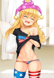 Rule 34 | 1girl, american flag legwear, american flag panties, black shirt, blonde hair, closed mouth, clothes lift, clownpiece, cowboy shot, daichi (tokoya), fairy wings, hat, head tilt, highres, holding, holding pillow, indoors, jester cap, long hair, midriff, pillow, pink hat, polka dot, purple hat, shirt, single bare shoulder, sleepy, solo, thighhighs, toned, touhou, transparent wings, wings, yawning