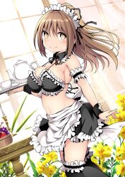 Rule 34 | 1girl, absurdres, apron, bikini, black ribbon, black thighhighs, blush, breasts, brown hair, cleavage, cup, flower, food, frilled apron, frills, fruit, garter straps, hair between eyes, hair ribbon, highres, holding, holding tray, indoors, kuromayu, large breasts, long hair, looking at viewer, maid, maid bikini, maid headdress, original, plant, ponytail, ribbon, smile, solo, swimsuit, teacup, teapot, thighhighs, tray, unconventional maid, waist apron, white apron, window, yellow flower