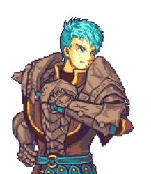 Rule 34 | 1boy, aqua eyes, aqua hair, arm up, armor, belt, breastplate, caspar von bergliez, commentary, english commentary, fire emblem, fire emblem: three houses, gauntlets, glaceo, hand on own hip, looking to the side, male focus, nintendo, parody, pixel art, short hair, solo, style parody, transparent background