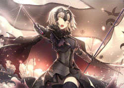 Rule 34 | &gt;:o, 1girl, :o, ahoge, armor, armored dress, backlighting, black thighhighs, breasts, cape, cowboy shot, fate/grand order, fate (series), flag, foreshortening, gauntlets, glint, headpiece, holding, holding sword, holding weapon, jeanne d&#039;arc (fate), jeanne d&#039;arc alter (avenger) (fate), jeanne d&#039;arc alter (avenger) (first ascension) (fate), jeanne d&#039;arc alter (fate), medium breasts, open mouth, sakuyosi, short hair, silver hair, solo, sword, thighhighs, torn cape, torn clothes, v-shaped eyebrows, weapon, yellow eyes