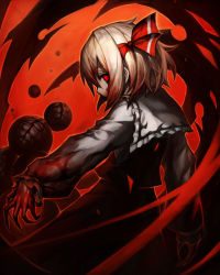 Rule 34 | 1girl, blonde hair, blood, blood on face, blood on clothes, blood in hair, blood on hands, bow, claws, ex-rumia, frills, hair bow, highres, looking at viewer, red eyes, rumia, short hair, solo, spark621, teeth, touhou