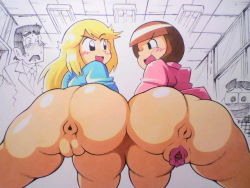 Rule 34 | 1970s (style), 1980s (style), 2boys, 2girls, anus, ass, ass focus, blonde hair, blunt bangs, blush, bob cut, bottomless, brown hair, ceiling light, character request, classroom, cleft of venus, cowboy shot, crossover, dokonjou gaeru, eye contact, fat, fat mons, fluorescent lamp, from behind, gaping, glasses, hitoshi kusano, huge ass, indoors, long hair, looking at another, mai machiko, maicching machiko-sensei, multiple boys, multiple girls, necktie, oldschool, open mouth, plump, presenting, pussy, retro artstyle, school, short hair, square glasses, take your pick, teacher, thick thighs, thighs, traditional media, trait connection, uncensored, yamagata kunio, yamanaka yoshiko