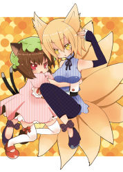 Rule 34 | 2girls, animal ears, bad id, bad pixiv id, blonde hair, brown hair, cat ears, cat girl, cat tail, chen, dress, female focus, fox ears, fox tail, hat, mashiro miru, multiple girls, multiple tails, red eyes, short hair, striped clothes, striped dress, tail, thighhighs, touhou, unmoving pattern, vertical-striped clothes, vertical-striped dress, yakumo ran, yellow eyes