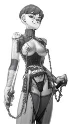 Rule 34 | 1girl, absurdres, armor, bad id, bad twitter id, black nails, breast cutout, breast piercing, breasts, breasts out, closed mouth, contrapposto, dagger, female pubic hair, fingernails, greyscale, highleg, highleg panties, highres, holding, holding dagger, holding knife, holding weapon, knife, long sleeves, looking at viewer, medium breasts, monochrome, nail polish, original, panties, pubic hair, pubic hair peek, short hair, simple background, smile, solo, stiletto (weapon), sword, thighhighs, underwear, wass nonnam, weapon, white background