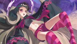 Rule 34 | 1girl, absurdly long hair, adapted costume, black headwear, black shirt, commentary, cropped shirt, flat chest, grey hair, hair behind ear, hechium, highres, long hair, navel, nijisanji, nijisanji en, open mouth, over-kneehighs, pink shorts, pink thighhighs, reimu endou, shirt, shorts, sleeves past fingers, sleeves past wrists, smile, solo, space, spanish commentary, stomach, striped clothes, striped thighhighs, thighhighs, very long hair, virtual youtuber