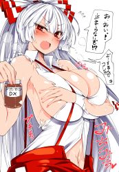 Rule 34 | &gt;:o, 1girl, :o, alternate breast size, anger vein, armpits, blush, bow, breast expansion, breasts, cleavage, commentary request, fang, flying sweatdrops, from side, fujiwara no mokou, hair bow, heavy breathing, highres, huge breasts, long hair, looking at viewer, looking to the side, medicine, navel, open mouth, red eyes, roki (hirokix), shirt, sideboob, solo, speech bubble, stomach, suspenders, torn clothes, torn shirt, torn sleeves, touhou, translation request, upper body, v-shaped eyebrows, very long hair, white hair, white shirt