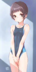 Rule 34 | 1girl, brown eyes, brown hair, competition swimsuit, covering privates, covering crotch, highres, one-piece swimsuit, original, short hair, solo, swimsuit, uni tenten
