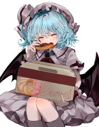 Rule 34 | 1girl, ascot, bat wings, blue hair, box, brooch, closed eyes, doughnut, eating, food, hat, highres, holding, holding box, jewelry, mikan (manmarumikan), mob cap, red ascot, remilia scarlet, shirt, short hair, simple background, skirt, skirt set, solo, touhou, white background, white shirt, white skirt, wings