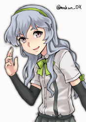 Rule 34 | 1girl, arm warmers, bow, bowtie, braid, green bow, green bowtie, green hairband, grey eyes, grey skirt, hairband, highres, kantai collection, long hair, looking at viewer, maakun (makun dx), one-hour drawing challenge, pleated skirt, school uniform, shirt, sidelocks, simple background, single braid, skirt, solo, suspender skirt, suspenders, twitter username, upper body, wavy hair, white background, white shirt, yamagumo (kancolle)