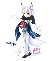 Rule 34 | 1boy, alternate color, animal, animal around neck, animal ears, black footwear, book, closed mouth, commentary request, detached sleeves, expressionless, fox, fox boy, fox ears, fox tail, full body, green eyes, green shirt, grimoire, hexagram, holding, holding book, lanmei jiang, looking at viewer, male focus, medium bangs, pants, professor (ragnarok online), ragnarok online, shirt, shoes, short hair, simple background, sleeveless, sleeveless shirt, solo, striped sleeves, tail, undersized animal, walking, white background, white hair, white pants, white sleeves, wolf