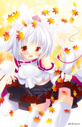 Rule 34 | 1girl, ahoge, animal ears, autumn leaves, bare shoulders, blush, breasts, detached sleeves, fang, hat, highres, hikanyan, inubashiri momiji, large breasts, leaf, midriff, open mouth, pom pom (clothes), red eyes, short hair, silver hair, solo, tail, thighhighs, tokin hat, touhou, twitter username, white thighhighs, wolf ears, wolf tail