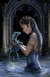 Rule 34 | 1girl, anne stokes, armlet, artist name, black eyes, black hair, dragon, dress, earrings, headdress, holding dragon, jewelry, looking at another, original, partially submerged, pillar, pointy ears, scales, signature, sleeveless, sleeveless dress, tattoo, water, water dragon, water drop, watermark, web address