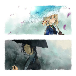 Rule 34 | 1boy, 1girl, :d, absurdres, black jacket, black umbrella, blonde hair, blue eyes, blue jacket, blue ribbon, blue umbrella, braid, brooch, brown gloves, brown neckwear, closed mouth, collar, collared shirt, commentary request, dietfried bougainvillea, framed, from side, gloves, green eyes, hair between eyes, hair intakes, hair over eyes, hair over shoulder, hair ribbon, highres, holding, holding umbrella, jacket, jewelry, long hair, long sleeves, looking at viewer, motiitigo, open mouth, petals, rain, red ribbon, ribbon, shirt, simple background, single braid, smile, umbrella, upper body, violet evergarden, violet evergarden (series), white background, white shirt, wind