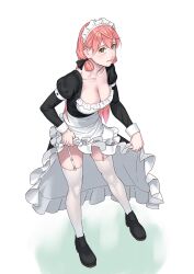 Rule 34 | 1girl, akashi (kancolle), alternate costume, apron, black dress, black footwear, breasts, cleavage, closed mouth, dress, enmaided, frilled apron, frills, full body, green eyes, highres, juliet sleeves, kantai collection, large breasts, long hair, long sleeves, looking at viewer, maid, maid headdress, pink hair, puffy sleeves, shoes, solo, thighhighs, white apron, white thighhighs, yuuji (and)