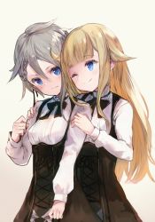 Rule 34 | 10s, 2girls, 3:, ;), ange (princess principal), arm grab, black bow, black neckwear, blonde hair, blouse, blue eyes, blush, bow, bowtie, braid, breasts, closed mouth, corset, couple, female focus, friends, gradient background, grey background, grey hair, hair between eyes, hair flaps, hand up, long hair, long sleeves, looking at another, makihitsuji, multiple girls, one eye closed, princess (princess principal), princess principal, serious, shirt, short hair, side braid, sidelocks, simple background, sketch, small breasts, smile, standing, underbust, upper body, white background, white shirt, yuri