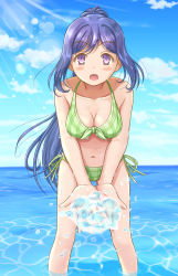 Rule 34 | 1girl, :o, artist request, bare legs, bare shoulders, bikini, blue hair, blue sky, blush, breasts, cleavage, cloud, collarbone, day, female focus, front-tie bikini top, front-tie top, green bikini, hair between eyes, high ponytail, highres, long hair, looking at viewer, love live!, love live! sunshine!!, matsuura kanan, medium breasts, ocean, outdoors, parted lips, ponytail, purple eyes, side-tie bikini bottom, sky, smile, soaking feet, solo, splashing, sunlight, swimsuit