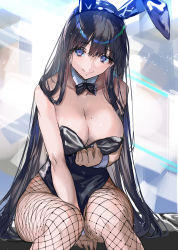 Rule 34 | animal ears, arm support, black hair, black leotard, breasts, cleavage, collar, fake animal ears, fishnets, hand on own chest, highres, large breasts, leotard, long hair, looking at viewer, mole, mole on breast, original, pantyhose, playboy bunny, purple eyes, rabbit ears, ran&#039;ou (tamago no kimi), smile, solo, very long hair